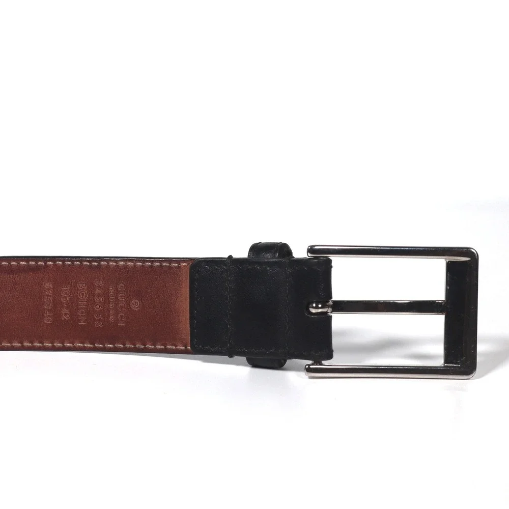 GUCCI Mens Black Leather Belt 345658 Square Metal Buckle Sz 105 42 Made In Italy